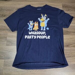 Bluey Mens XL T-Shirt Navy Blue Whaddup Party People Graphic Bandit‎ Bingo Tee